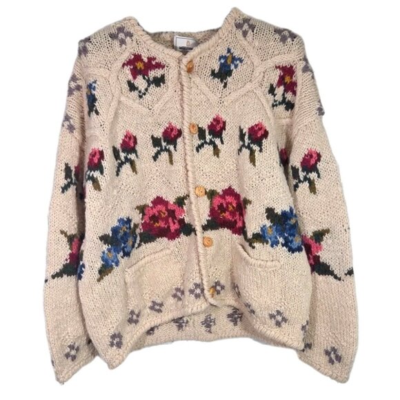 Vtg Sz L 90s Express Tricot Hand Knit Wool Chunky Sweater Cardigan Cottagecore - Picture 1 of 9